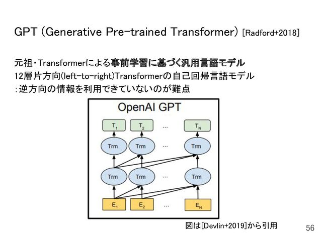 GPT (Generative Pre-trained Transformer) [Radford+2018] 
元祖・Transformerによる事前学習に基づく汎用言語モデル 
12層片方向(left-to-right)Transformerの自己回帰言語モデル 
：逆方向の情報を利用できていないのが難点 
56 
図は[Devlin+2019]から引用
