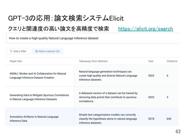 GPT-3の応用：論文検索システムElicit 
クエリと関連度の高い論文を高精度で検索 
62 
https://elicit.org/search
