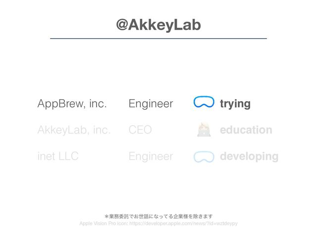 AppBrew, inc.
AkkeyLab, inc.
inet LLC
@AkkeyLab
Engineer
CEO
Engineer
👩💻
trying
education
developing
ˎۀ຿ҕୗͰ͓ੈ࿩ʹͳͬͯΔاۀ༷Λআ͖·͢
Apple Vision Pro icon: https://developer.apple.com/news/?id=wztdeypy

