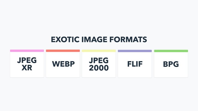 EXOTIC IMAGE FORMATS
WEBP JPEG
2000
FLIF
JPEG
XR BPG
