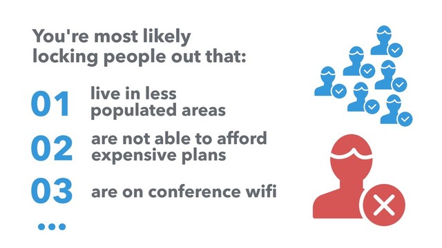 You're most likely
locking people out that:
02
01
03
live in less
populated areas
are not able to afford
expensive plans
are on conference wifi
...
