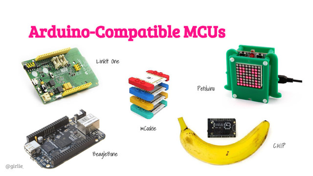 @girlie_mac
Arduino-Compatible MCUs
BeagleBone
C.H.I.P
mCookie
Petduino
LinkIt One
