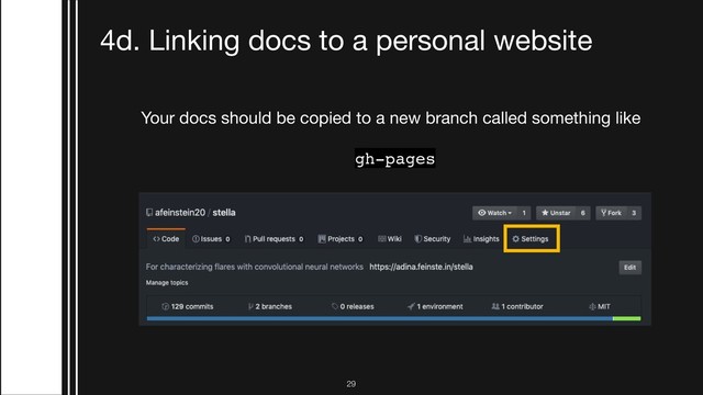 !29
4d. Linking docs to a personal website
Your docs should be copied to a new branch called something like 

gh-pages
