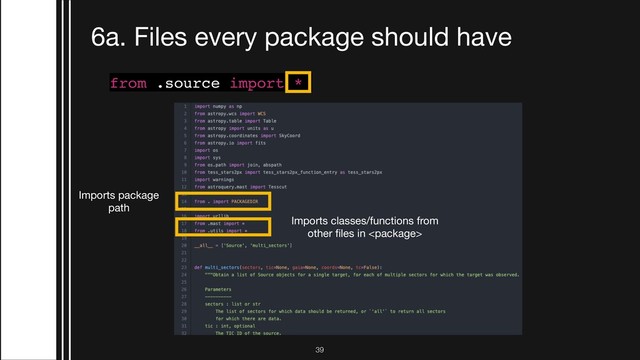 !39
6a. Files every package should have
from .source import *
Imports package 

path
Imports classes/functions from
other ﬁles in 
