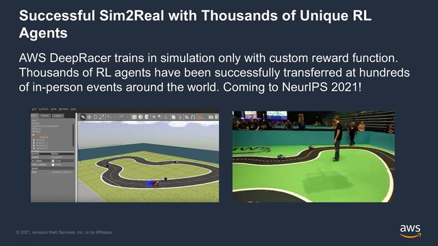 © 2021, Amazon Web Services, Inc. or its Affiliates.
Successful Sim2Real with Thousands of Unique RL
Agents
AWS DeepRacer trains in simulation only with custom reward function.
Thousands of RL agents have been successfully transferred at hundreds
of in-person events around the world. Coming to NeurIPS 2021!
