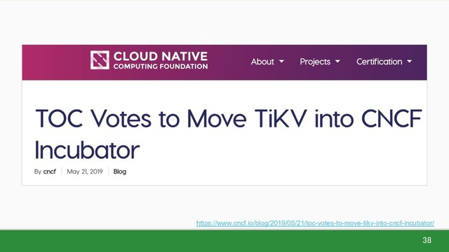 38 
https://www.cncf.io/blog/2019/05/21/toc-votes-to-move-tikv-into-cncf-incubator/ 

