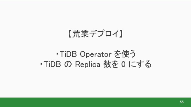 55 
【荒業デプロイ】 
 
・TiDB Operator を使う 
・TiDB の Replica 数を 0 にする 
