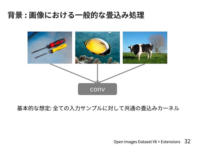 背景 : 画像における⼀般的な畳込み処理
32
基本的な想定: 全ての⼊⼒サンプルに対して共通の畳込みカーネル
conv
Open Images Dataset V6 + Extensions
