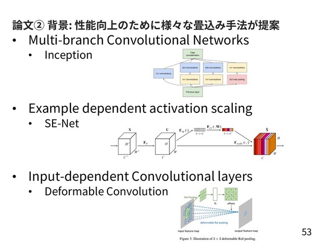論⽂② 背景: 性能向上のために様々な畳込み⼿法が提案
• Multi-branch Convolutional Networks
• Inception
• Example dependent activation scaling
• SE-Net
• Input-dependent Convolutional layers
• Deformable Convolution
53
