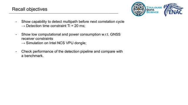 - Show capability to detect multipath before next correlation cycle
→ Detection time constraint Ti = 20 ms;
- Show low computational and power consumption w.r.t. GNSS
receiver constraints
→ Simulation on Intel NCS VPU dongle;
- Check performance of the detection pipeline and compare with
a benchmark.
Recall objectives
