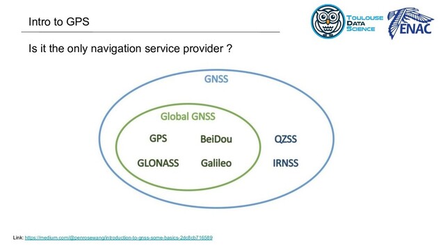 Intro to GPS
Is it the only navigation service provider ?
Link: https://medium.com/@penrosewang/introduction-to-gnss-some-basics-2dc8cb716589
