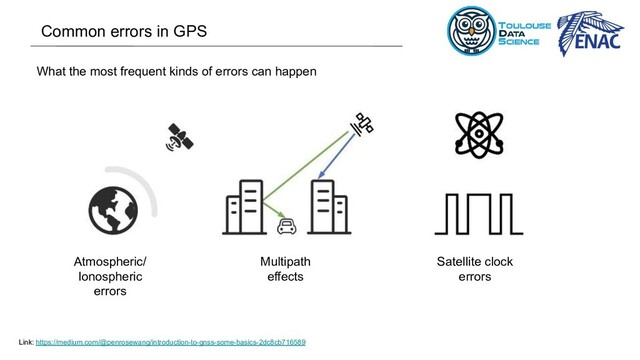 What the most frequent kinds of errors can happen
Atmospheric/
Ionospheric
errors
Multipath
effects
Satellite clock
errors
Common errors in GPS
Link: https://medium.com/@penrosewang/introduction-to-gnss-some-basics-2dc8cb716589
