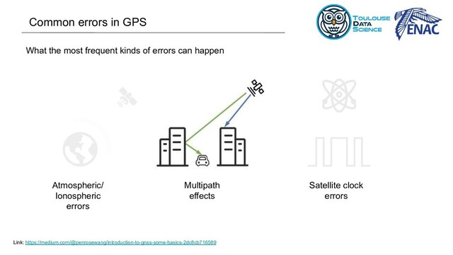 What the most frequent kinds of errors can happen
Atmospheric/
Ionospheric
errors
Multipath
effects
Satellite clock
errors
Common errors in GPS
Link: https://medium.com/@penrosewang/introduction-to-gnss-some-basics-2dc8cb716589
