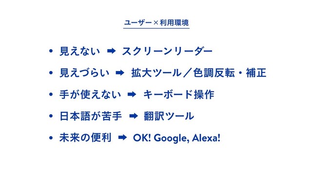 ະདྷͷศརɹɹOK! Google, Alexa!
ख͕࢖͑ͳ͍ɹɹΩʔϘʔυૢ࡞
೔ຊޠ͕ۤखɹɹ຋༁πʔϧ
ݟ͑ͮΒ͍ɹɹ֦େπʔϧʗ৭ௐ൓సɾิਖ਼
ݟ͑ͳ͍ɹɹεΫϦʔϯϦʔμʔ
Ϣʔβʔʷར༻؀ڥ
