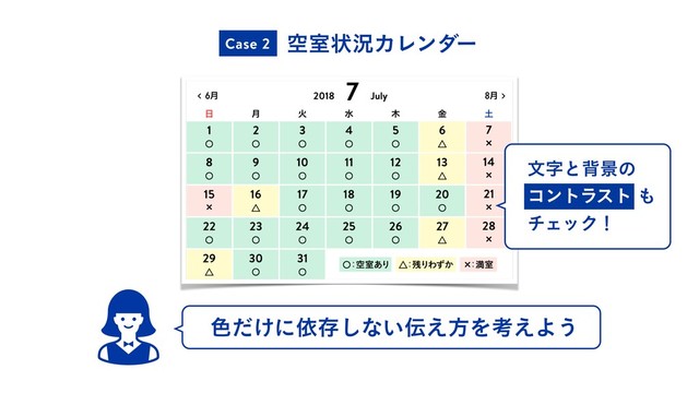 ۭࣨঢ়گΧϨϯμʔ
Case 2
৭͚ͩʹґଘ͠ͳ͍఻͑ํΛߟ͑Α͏
จࣈͱഎܠͷ
ίϯτϥετ΋
νΣοΫʂ

