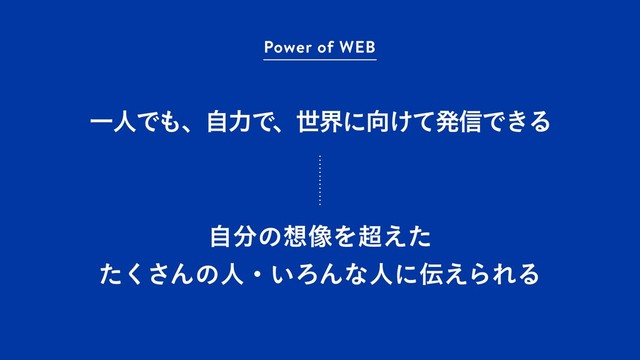 ҰਓͰ΋ɺࣗྗͰɺੈքʹ޲͚ͯൃ৴Ͱ͖Δ
Power of WEB
ࣗ෼ͷ૝૾Λ௒͑ͨ
ͨ͘͞Μͷਓɾ͍ΖΜͳਓʹ఻͑ΒΕΔ
