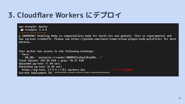 3. Cloudﬂare Workers にデプロイ
15
npx wrangler deploy
⛅ wrangler 3.4.0
------------------
▲ [WARNING] Enabling Node.js compatibility mode for built-ins and globals. This is experimental and
has serious tradeoffs. Please see https://github.com/ionic-team/rollup-plugin-node-polyfills/ for more
details.
Your worker has access to the following bindings:
- Vars:
- DB_URL: "postgres://reader:NWDMCE5xdipIjRrp@hh..."
Total Upload: 352.86 KiB / gzip: 70.51 KiB
Uploaded pg-test (1.40 sec)
Published pg-test (0.40 sec)
https://pg-test.【アカウント名】.workers.dev ←デプロイ先のURL
Current Deployment ID: ********-****-****-****-************
