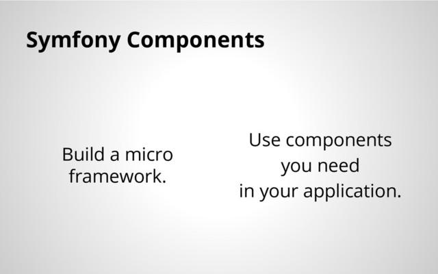 Symfony Components
Build a micro
framework.
Use components
you need
in your application.

