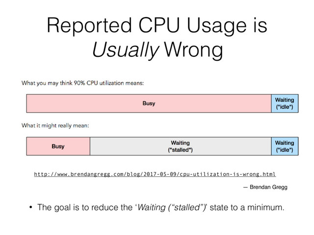 Reported CPU Usage is
Usually Wrong
http://www.brendangregg.com/blog/2017-05-09/cpu-utilization-is-wrong.html 
— Brendan Gregg
• The goal is to reduce the ‘Waiting (“stalled”)’ state to a minimum.
