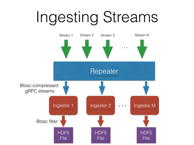 Ingesting Streams
Repeater
Stream 1 Stream 2 Stream 3 Stream N
Ingestor 1 Ingestor 2 Ingestor M
HDF5
File
Blosc-compressed 
gRPC streams
…
…
HDF5
File
HDF5
File
Blosc ﬁlter
