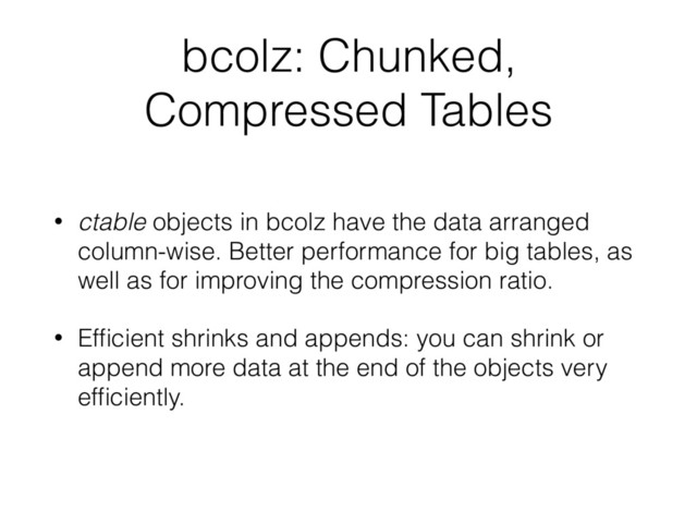 bcolz: Chunked,
Compressed Tables
• ctable objects in bcolz have the data arranged
column-wise. Better performance for big tables, as
well as for improving the compression ratio.
• Efﬁcient shrinks and appends: you can shrink or
append more data at the end of the objects very
efﬁciently.
