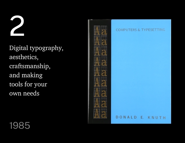 2
Digital typography,
aesthetics,
craftsmanship,
and making
tools for your
own needs
1985
