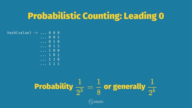 Probabilistic Counting: Leading 0
hash(value) -> ... 0 0 0
... 0 0 1
... 0 1 0
... 0 1 1
... 1 0 0
... 1 0 1
... 1 1 0
... 1 1 1
Probability or generally

