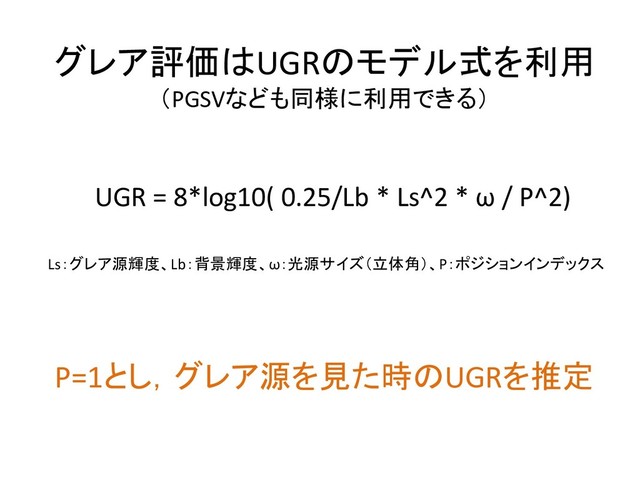 グレア評価はUGRのモデル式を利用
（PGSVなども同様に利用できる）
UGR = 8*log10( 0.25/Lb * Ls^2 * ω / P^2)
Ls：グレア源輝度、Lb：背景輝度、ω：光源サイズ（立体角）、P：ポジションインデックス
P=1とし，グレア源を見た時のUGRを推定
