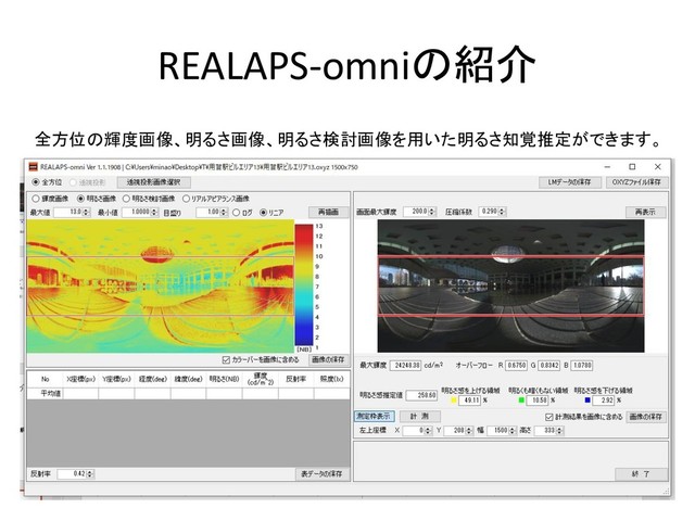 REALAPS-omniの紹介
全方位の輝度画像、明るさ画像、明るさ検討画像を用いた明るさ知覚推定ができます。
