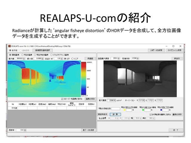 REALAPS-U-comの紹介
Radianceが計算した‘angular fisheye distortion’のHDRデータを合成して、全方位画像
データを生成することができます。
