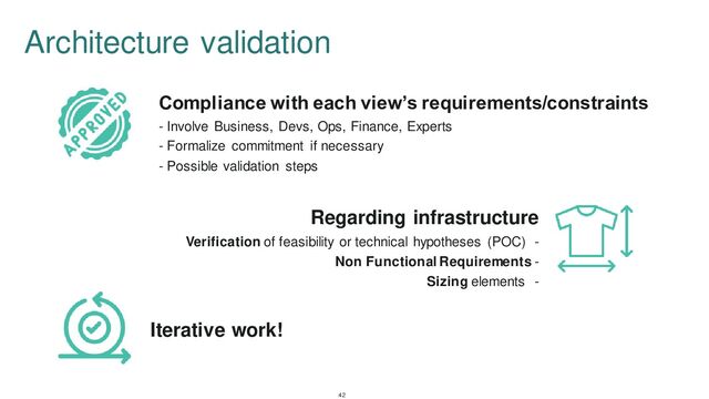 ’ q
- Involve Business, Devs, Ops, Finance, Experts
- Formalize commitment if necessary
- Possible validation steps
Architecture validation
42
Regarding infrastructure
Verification of feasibility or technical hypotheses (POC) -
Non Functional Requirements -
Sizing elements -
Iterative work!
