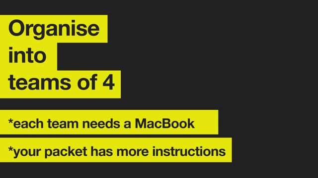 Organise 
into
teams of 4
*each team needs a MacBook
*your packet has more instructions
