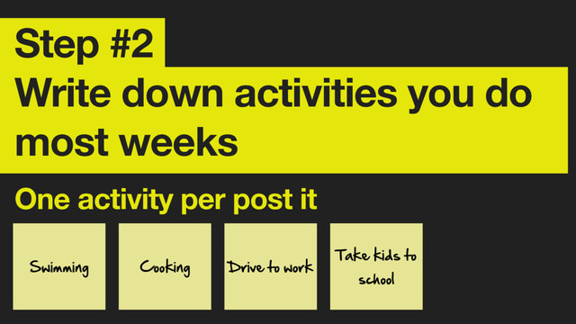 Step #2 
Write down activities you do
most weeks
One activity per post it
Swimming Cooking Drive  to  work
Take  kids  to  
school
