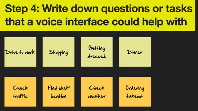 Step 4: Write down questions or tasks
that a voice interface could help with
Drive  to  work
Check  
traffic
Shopping
Find  shelf  
location
Getting  
dressed
Check  
weather
Dinner
Ordering  
takeout
