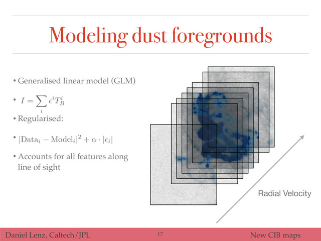 Daniel Lenz, Caltech/JPL New CIB maps
Modeling dust foregrounds
• Generalised linear model (GLM)
•
• Regularised:
•
• Accounts for all features along
line of sight
I =
X
i
✏iTi
B
Radial Velocity
|
Datai Modeli
|2
+
↵ · |✏i
|
17
