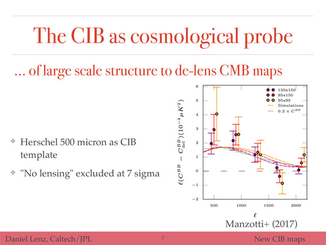Daniel Lenz, Caltech/JPL New CIB maps
❖ Herschel 500 micron as CIB
template
❖ "No lensing" excluded at 7 sigma
… of large scale structure to de-lens CMB maps
Manzotti+ (2017)
The CIB as cosmological probe
7
