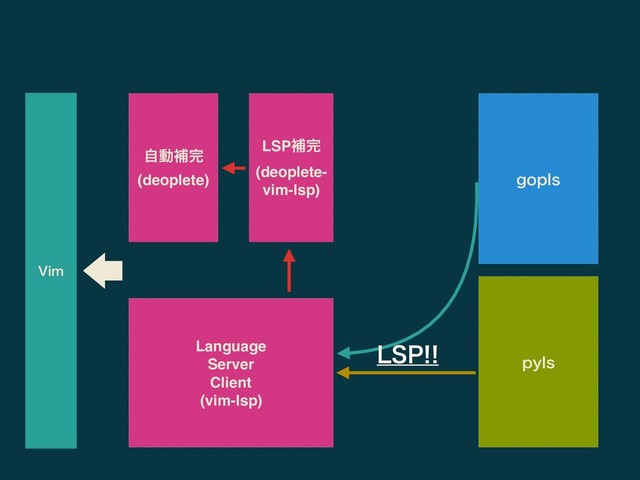ࣗಈิ׬
(deoplete)
LSPิ׬
(deoplete-
vim-lsp)
QZMT
HPQMT
Language
Server
Client
(vim-lsp)
7JN
-41
