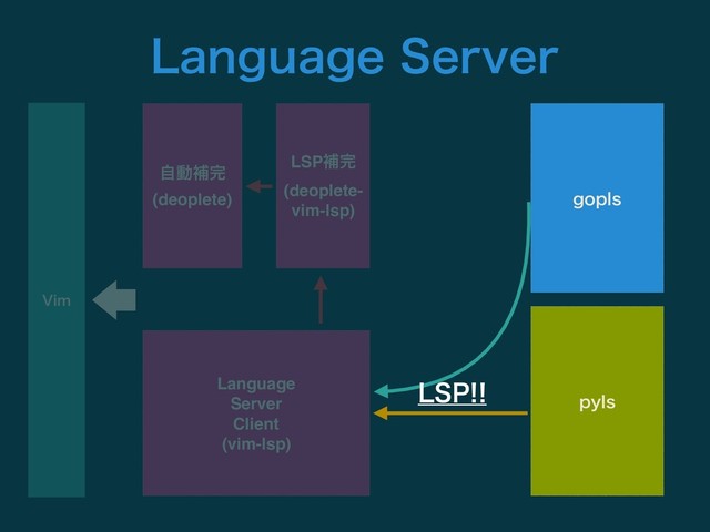 ࣗಈิ׬
(deoplete)
LSPิ׬
(deoplete-
vim-lsp)
7JN
Language
Server
Client
(vim-lsp)
QZMT
HPQMT
-41
-BOHVBHF4FSWFS
