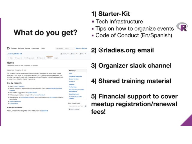 What do you get?
1) Starter-Kit
▪ Tech Infrastructure 

▪ Tips on how to organize events

▪ Code of Conduct (En/Spanish)

2) @rladies.org email
3) Organizer slack channel
4) Shared training material
5) Financial support to cover
meetup registration/renewal
fees!
