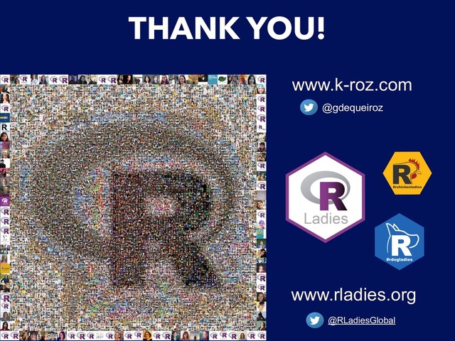 THANK YOU!
@RLadiesGlobal
www.rladies.org
@gdequeiroz
www.k-roz.com
