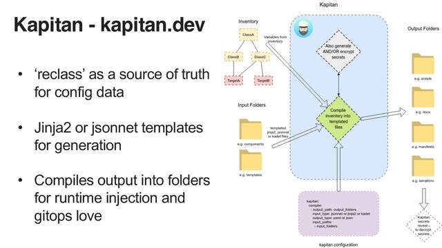 Kapitan - kapitan.dev
• ‘reclass’ as a source of truth
for config data
• Jinja2 or jsonnet templates
for generation
• Compiles output into folders
for runtime injection and
gitops love
