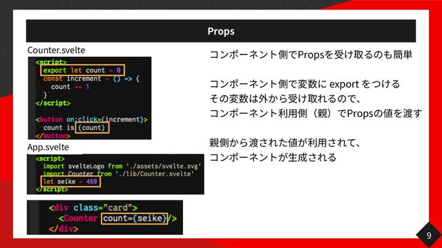 Props
Props
export
用
Props
用
生
9
Counter.svelte
App.svelte
