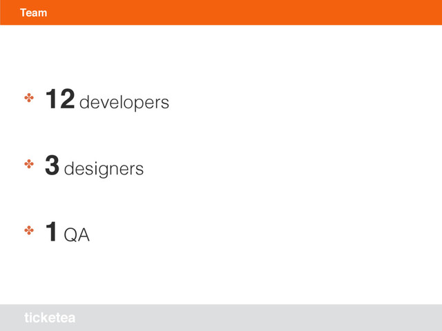 ticketea
Team
✤ 12 developers
✤ 3 designers
✤ 1 QA
