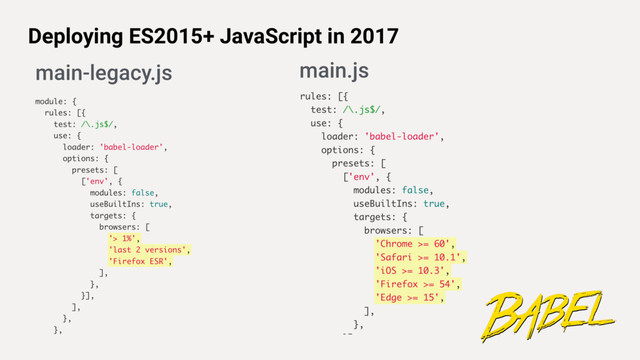 Deploying ES2015+ JavaScript in 2017
main-legacy.js main.js
