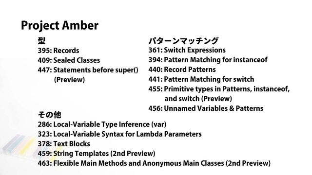 Project Amber
型
395: Records
409: Sealed Classes
447: Statements before super()
(Preview)
361: Switch Expressions
394: Pattern Matching for instanceof
440: Record Patterns
441: Pattern Matching for switch
455: Primitive types in Patterns, instanceof,
and switch (Preview)
456: Unnamed Variables & Patterns
パターンマッチング
286: Local-Variable Type Inference (var)
323: Local-Variable Syntax for Lambda Parameters
378: Text Blocks
459: String Templates (2nd Preview)
463: Flexible Main Methods and Anonymous Main Classes (2nd Preview)
その他
