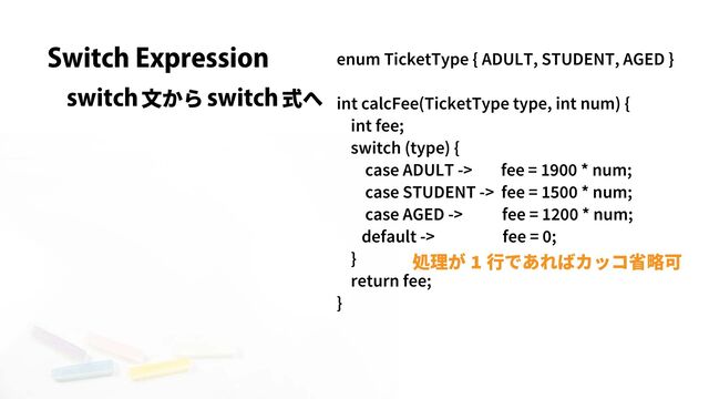 Switch Expression
文から
switch 式へ
switch
処理が 1 行であればカッコ省略可
