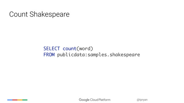 @tpryan
Count Shakespeare
SELECT count(word)
FROM publicdata:samples.shakespeare
