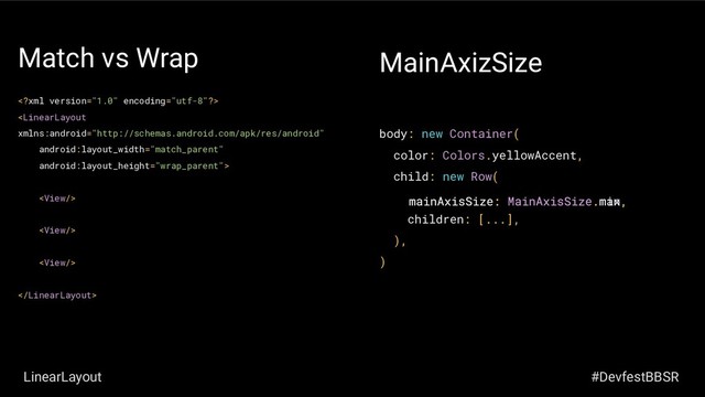 Match vs Wrap






body: new Container(
color: Colors.yellowAccent,
child: new Row(
children: [...],
),
)
MainAxizSize
mainAxisSize: MainAxisSize.max,
mainAxisSize: MainAxisSize.min,
LinearLayout #DevfestBBSR
