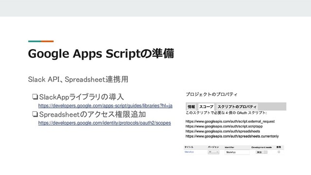 Google Apps Scriptの準備
Slack API、Spreadsheet連携用
❏SlackAppライブラリの導入
https://developers.google.com/apps-script/guides/libraries?hl=ja
❏Spreadsheetのアクセス権限追加
https://developers.google.com/identity/protocols/oauth2/scopes

