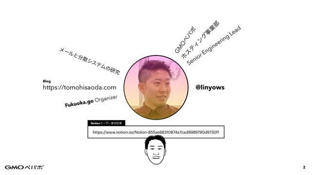 2
@linyows
https://tomohisaoda.com
ϗ
ε
ς
Ο
ϯ
ά
ࣄ
ۀ
෦
GM
Oϖ
ύ
Ϙ
Senior Engineering
Lead
https://www.notion.so/Notion-855ae68310874a7cad9989790d9730f1
NotionϢʔβʔࣄྫهࣄ
ϝʔϧͱ෼ࢄγεςϜͷݚڀ
Fukuoka.go Organizer
Blog
